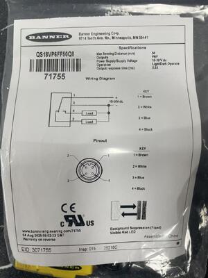 BANNER QS18VP6FF50Q8 Высоконадежный фотоэлектрический датчик с фиксированным полем